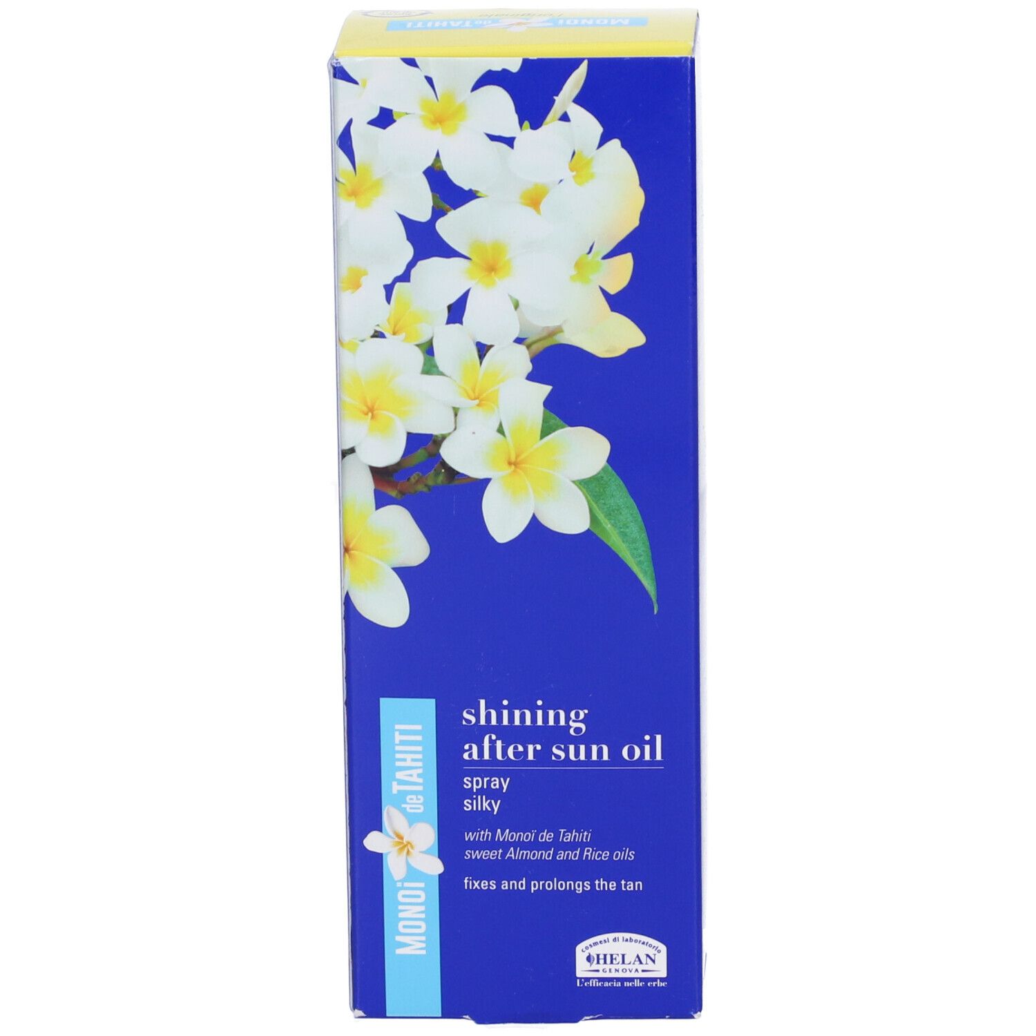 Confezione con motivo floreale. Scritta: shining after sun oil spray silky. Marchio HELAN.