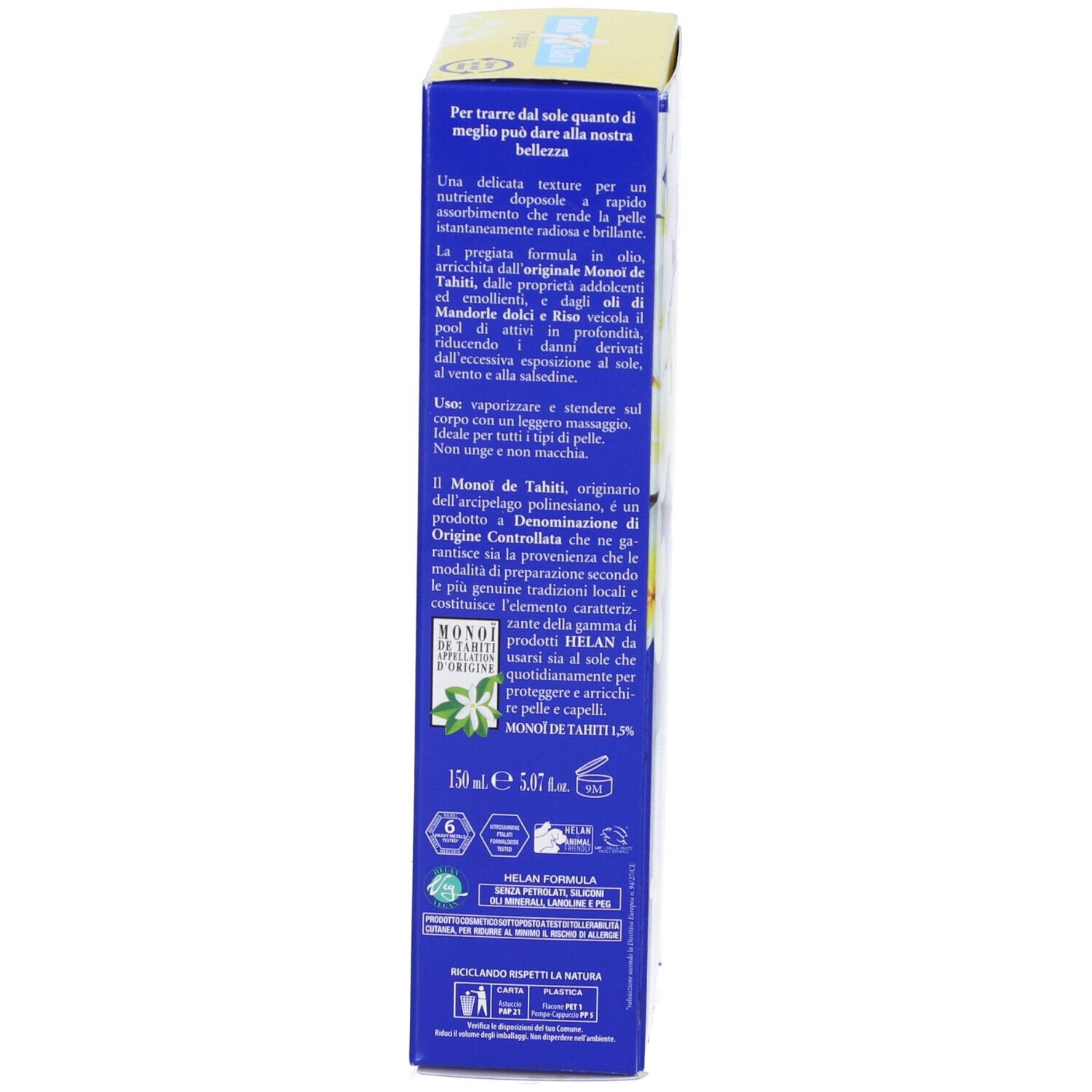 Confezione, lato con informazioni sul prodotto, ingredienti e loghi. Volume: 150 ml.