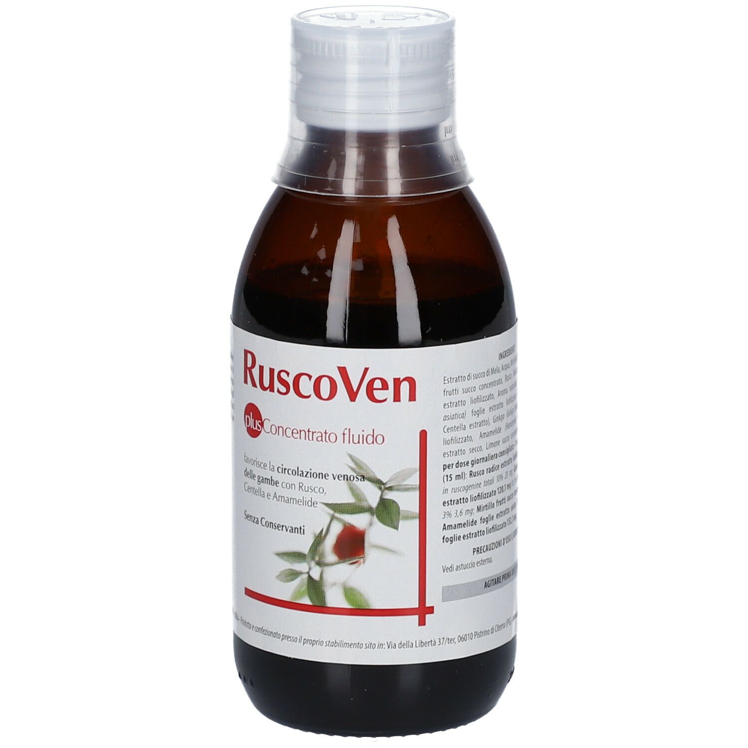 Flacone marrone con tappo bianco. Scritta: RuscoVen plus Concentrato fluido. Etichetta del prodotto.