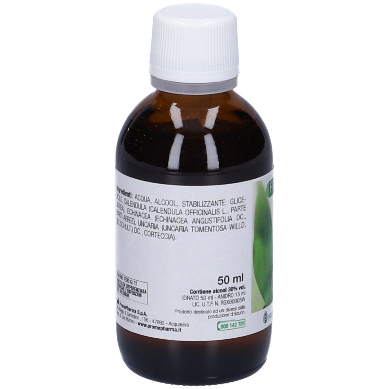 Flacone in vetro marrone, tappo bianco. Etichetta con ingredienti e 50 ml.