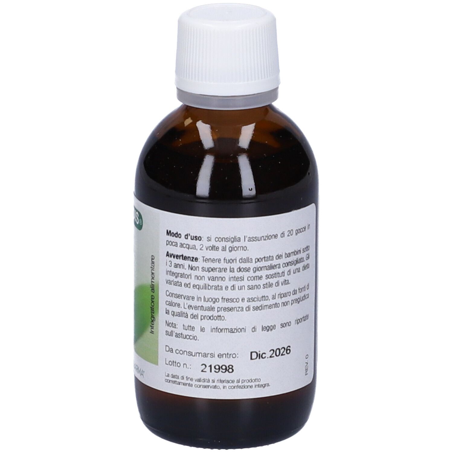 Flacone in vetro marrone, tappo bianco. Etichetta con modo d'uso e data di scadenza.