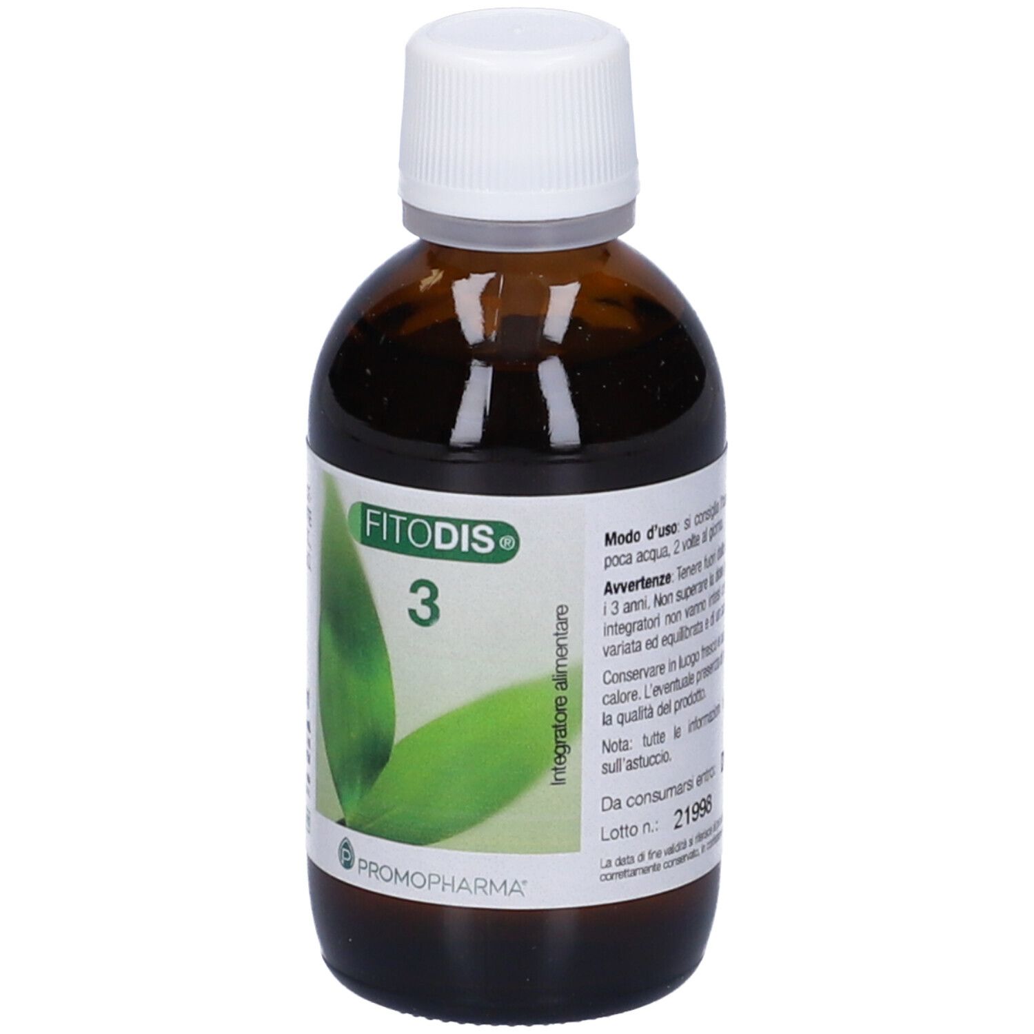 Flacone in vetro marrone, tappo bianco. Scritta: Fitodis 3. Etichetta con ingredienti.