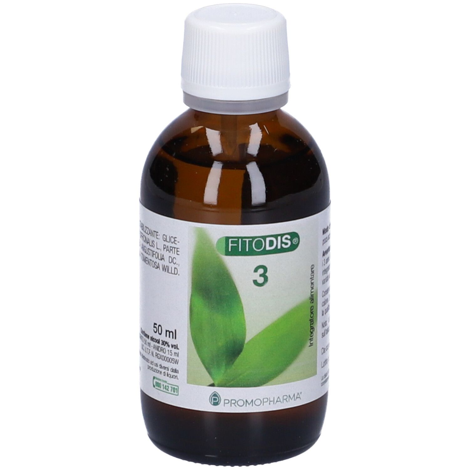 Flacone in vetro marrone, tappo bianco. Scritta: Fitodis 3. Etichetta con 50 ml.