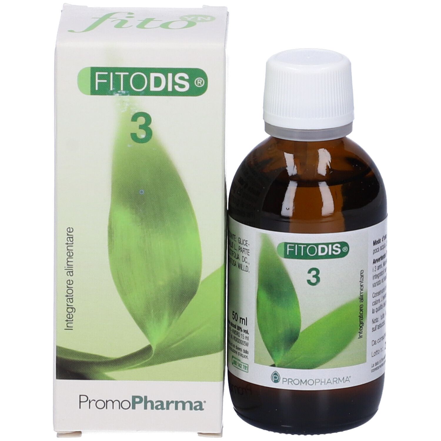 Flacone e scatola. Scritta: Fitodis 3. 50 ml. Confezione verde e bianca.