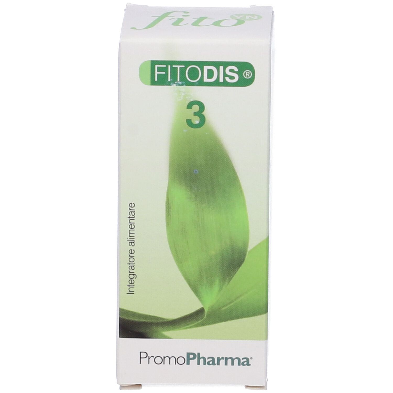 Scatola bianca con scritta: Fitodis 3. Confezione verde e bianca.