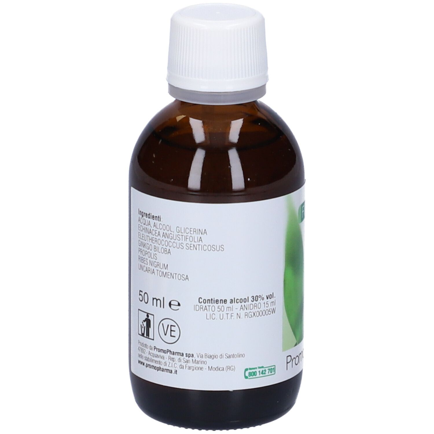 Flacone di vetro marrone con tappo bianco. Etichetta con ingredienti e logo. Testo: Fitodis 14, 50 ml.