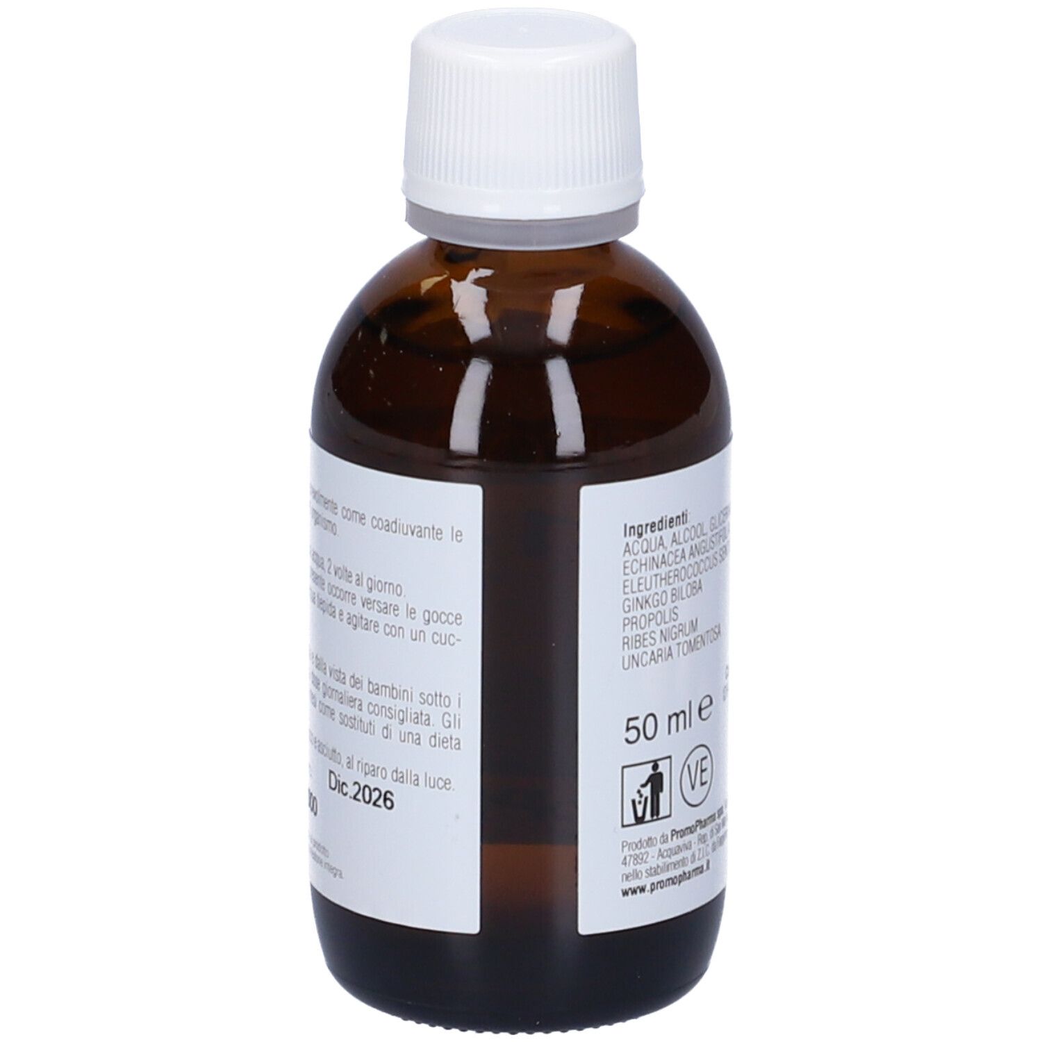 Flacone di vetro marrone con tappo bianco. Etichetta con informazioni sul prodotto. Testo: Fitodis 14, 50 ml.