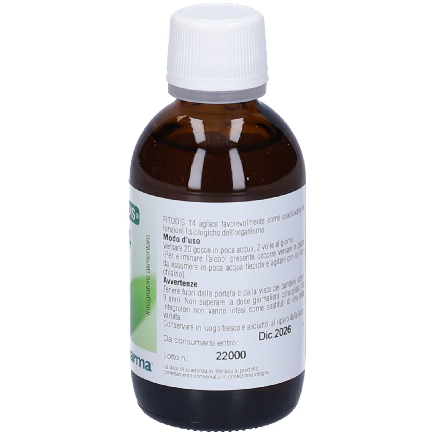 Flacone di vetro marrone con tappo bianco. Etichetta con informazioni sul prodotto. Testo: Fitodis 14, 50 ml, Dec.2026.