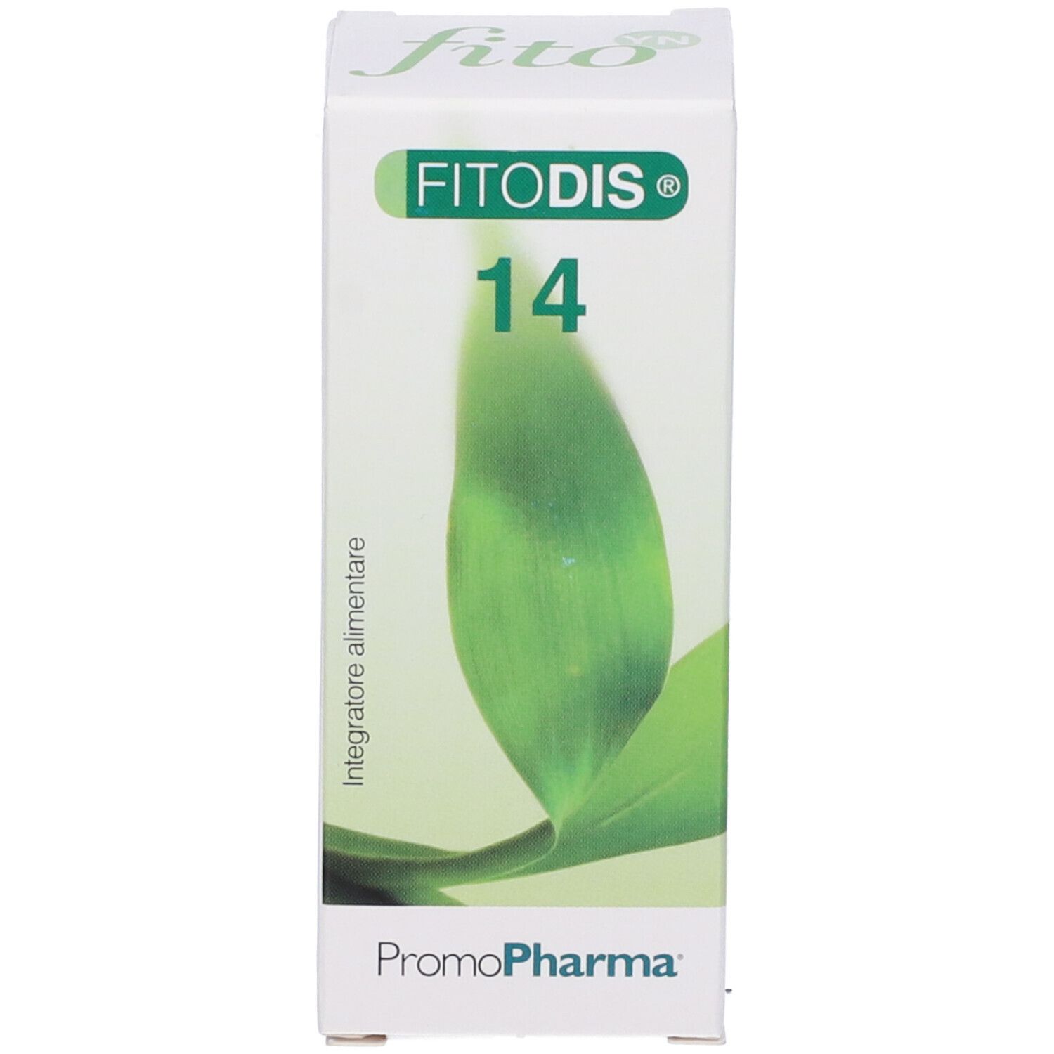 Scatola con nome e logo del prodotto. Contiene foglie verdi. Testo: Fitodis 14, Promopharma.