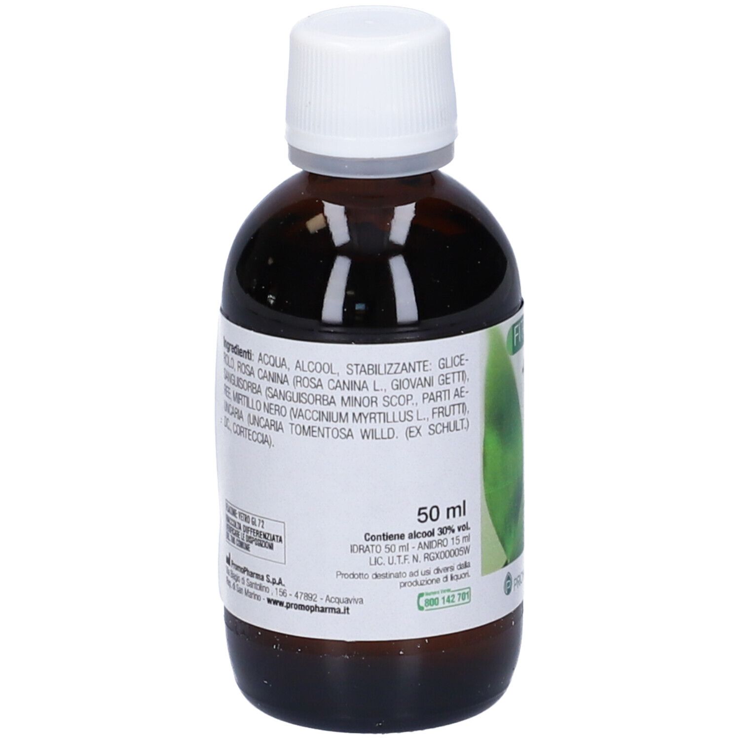 Retro del flacone marrone. Elenco ingredienti e informazioni produttore. Tappo bianco.