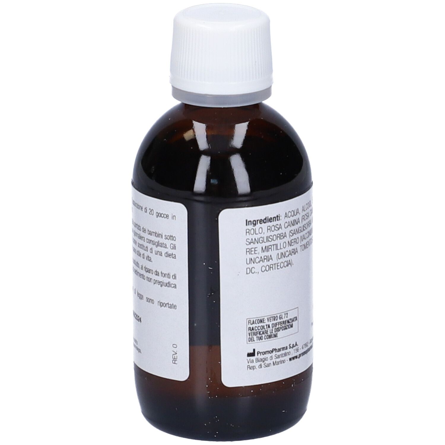 Retro del flacone marrone. Testo con istruzioni per il dosaggio. Tappo bianco.