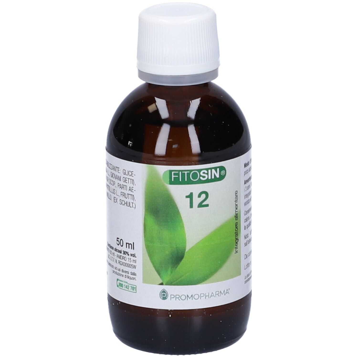 Flacone marrone con tappo bianco. Scritta FitoSin 12 e foglie verdi. Logo del produttore Promopharma.