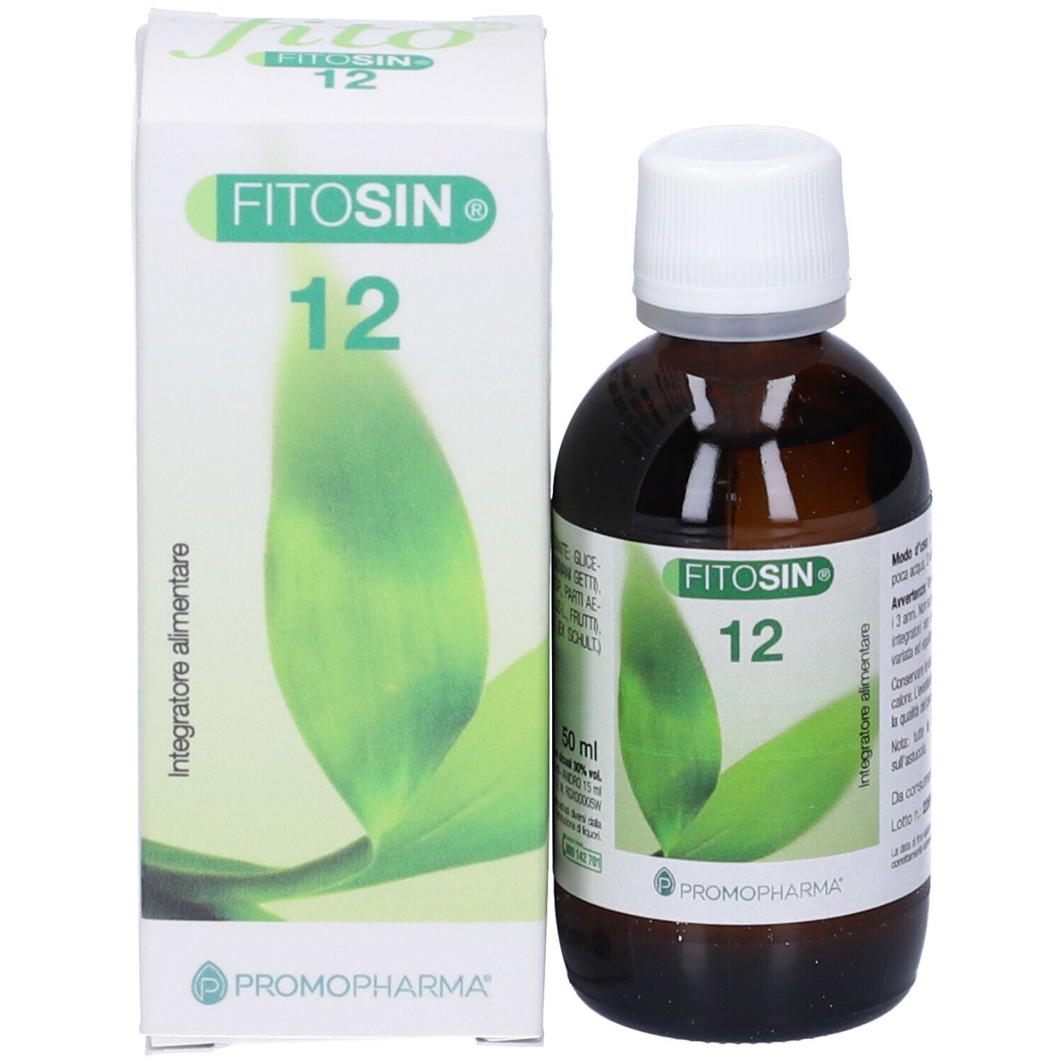 Flacone e confezione. Scritta FitoSin 12. Foglie verdi. Logo del produttore Promopharma.