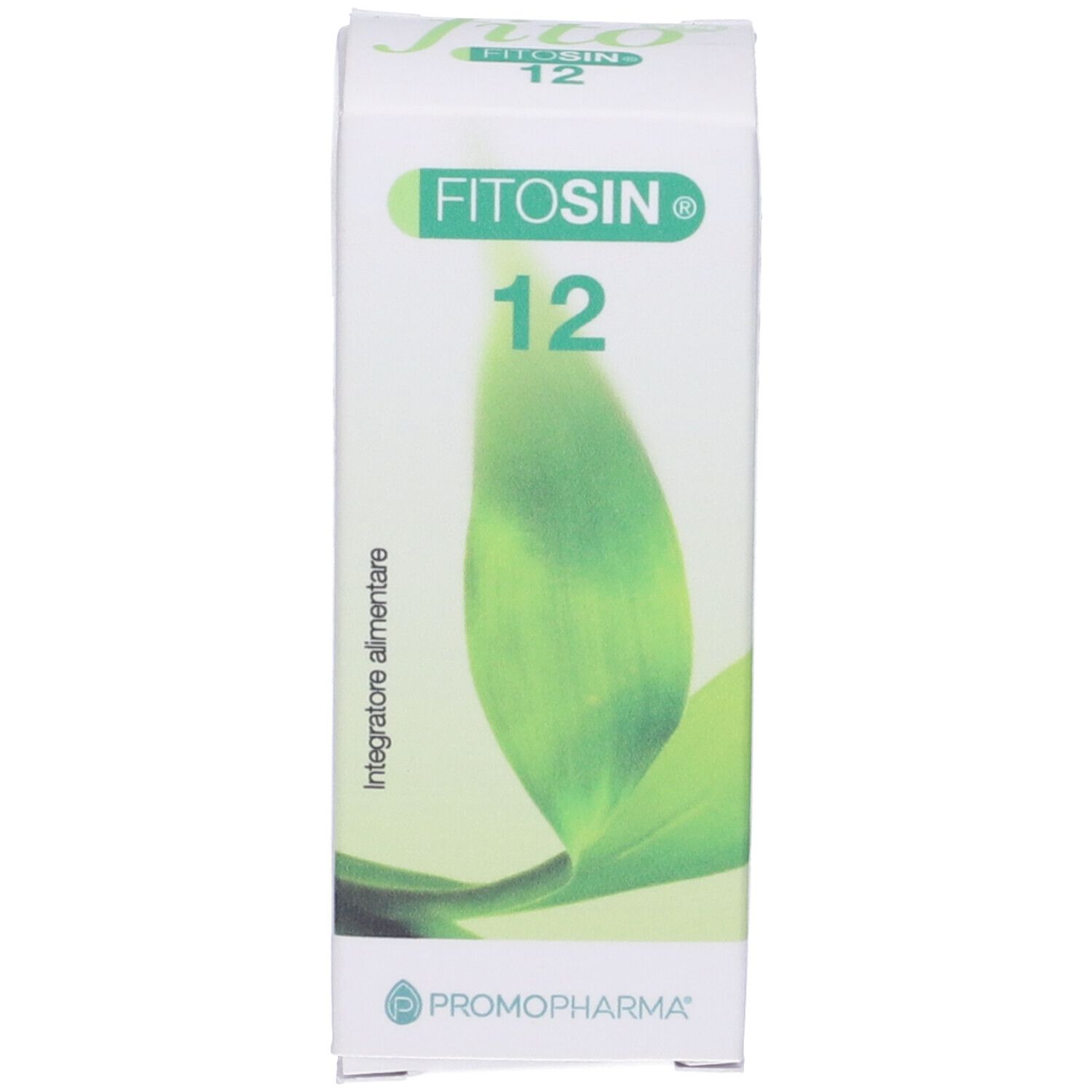 Confezione bianca con scritta FitoSin 12. Foglie verdi. Logo del produttore Promopharma.