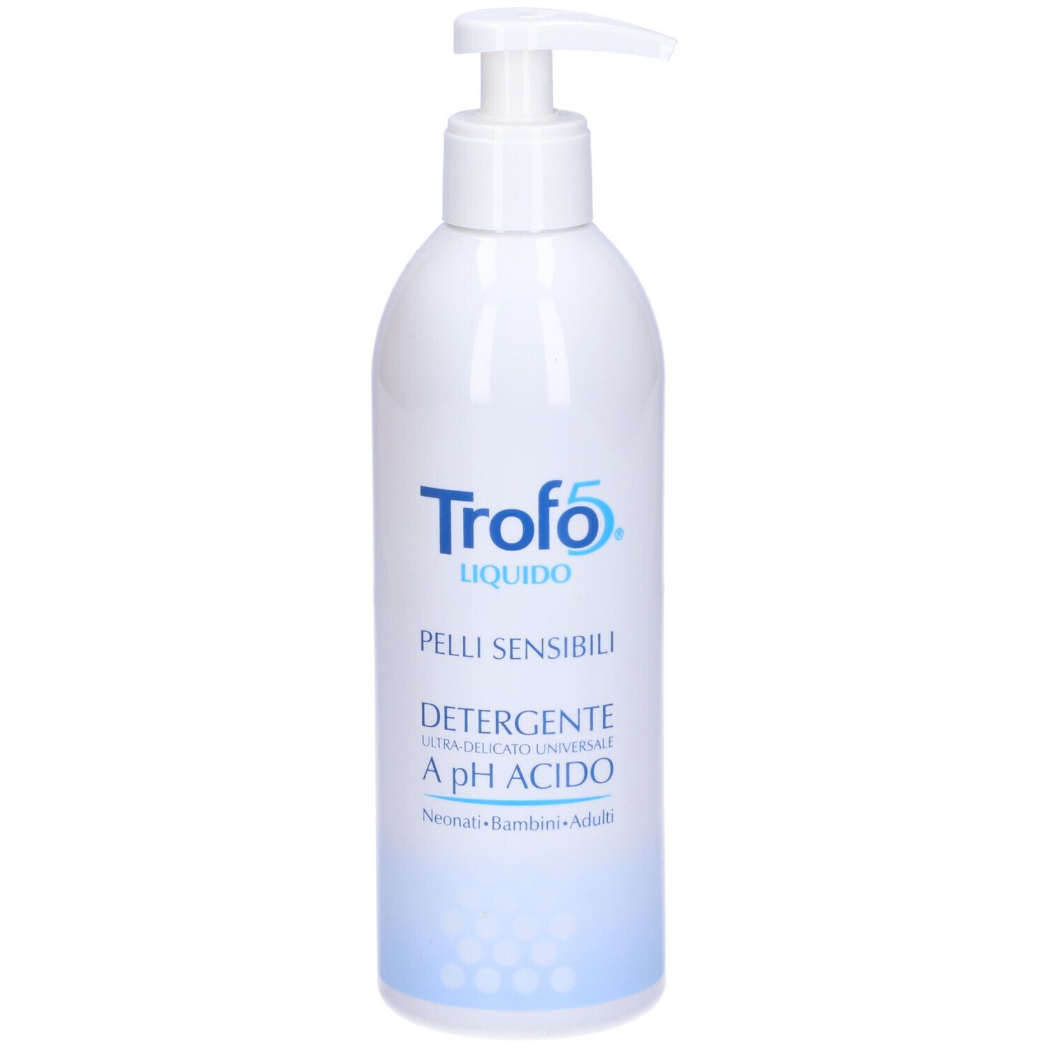 Flacone bianco con dosatore a pompa. Scritta: Trofo 5 Liquido, Pelli Sensibili, Detergente a pH Acido.