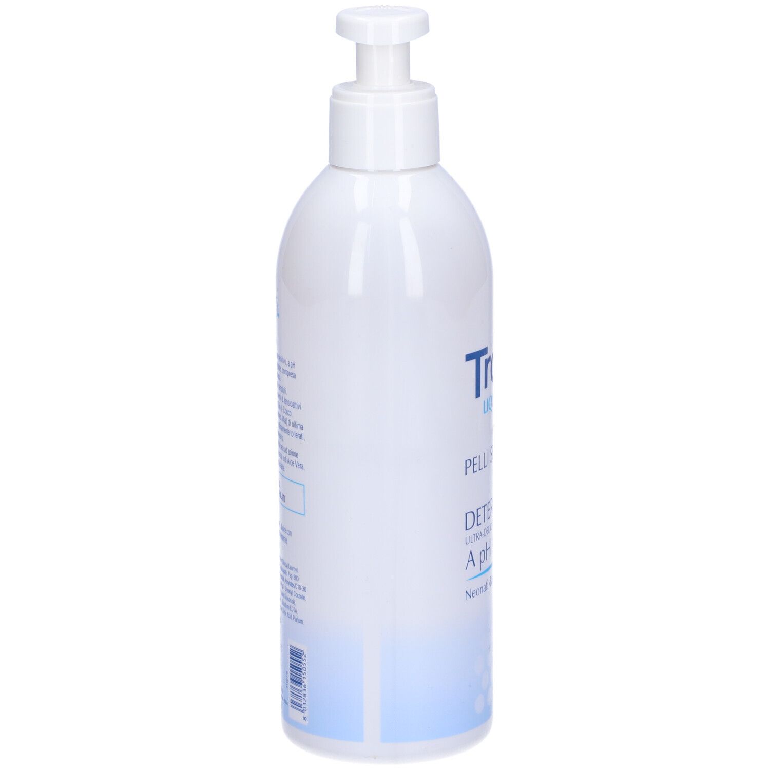 Flacone bianco con dosatore a pompa. Retro con testo. Scritta: Trofo 5 Liquido, Detergente a pH Acido.
