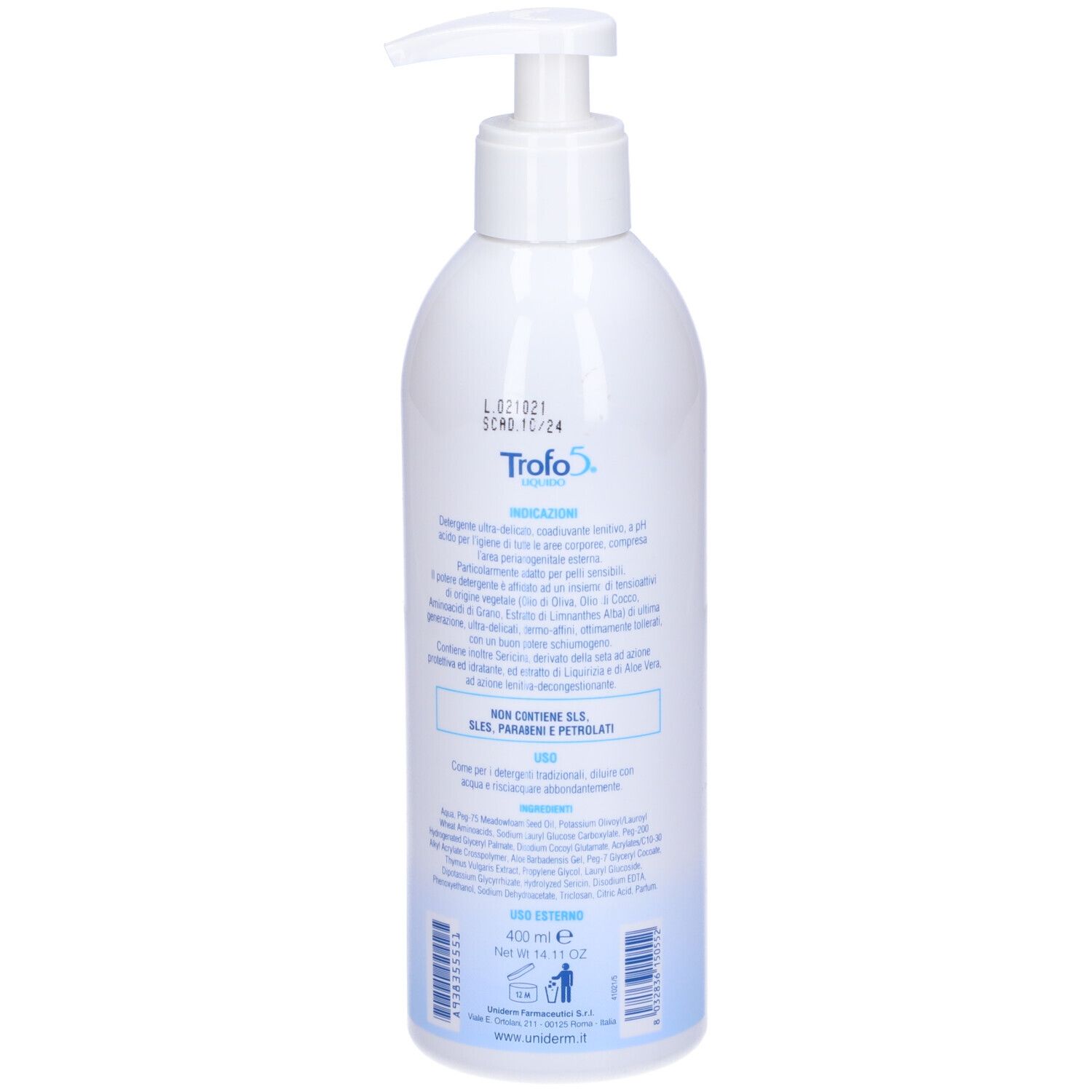 Flacone bianco con dosatore a pompa. Retro con testo. Scritta: Trofo 5 Liquido, 400 ml.