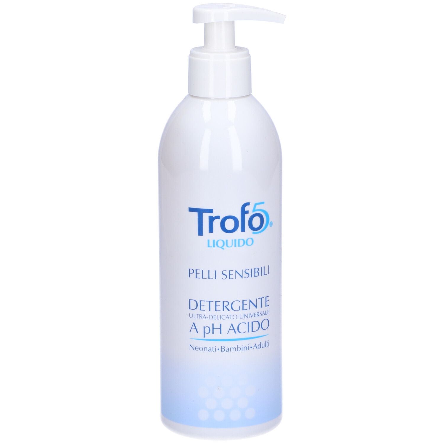Flacone bianco con dosatore a pompa. Scritta: Trofo 5 Liquido, Pelli Sensibili, Detergente a pH Acido.