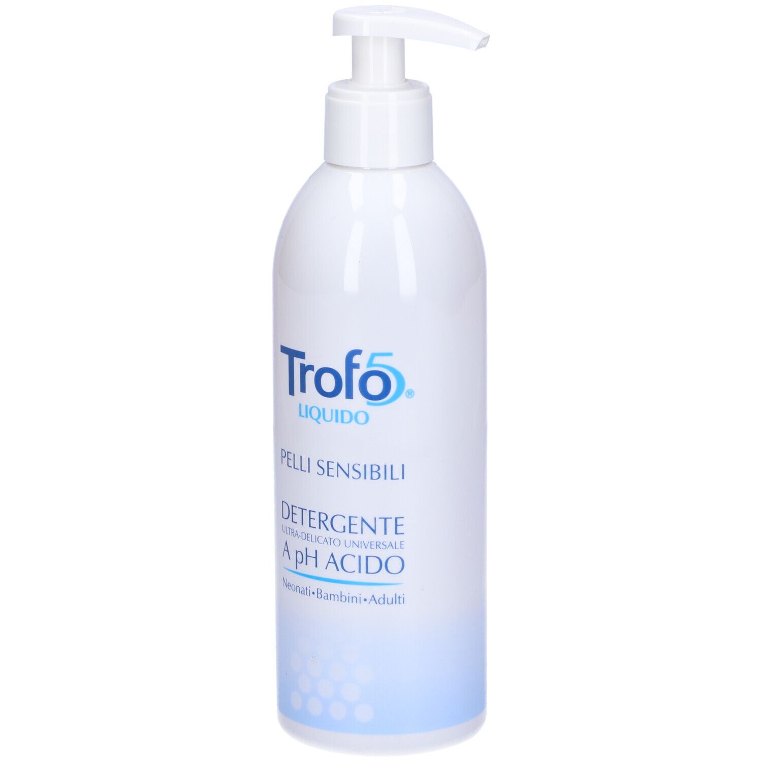 Flacone bianco con dosatore a pompa. Scritta: Trofo 5 Liquido, Pelli Sensibili, Detergente a pH Acido.
