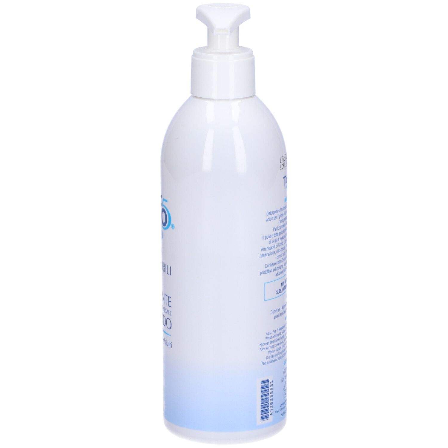 Flacone bianco con dosatore a pompa. Retro con testo. Scritta: Trofo 5 Liquido, Detergente a pH Acido.