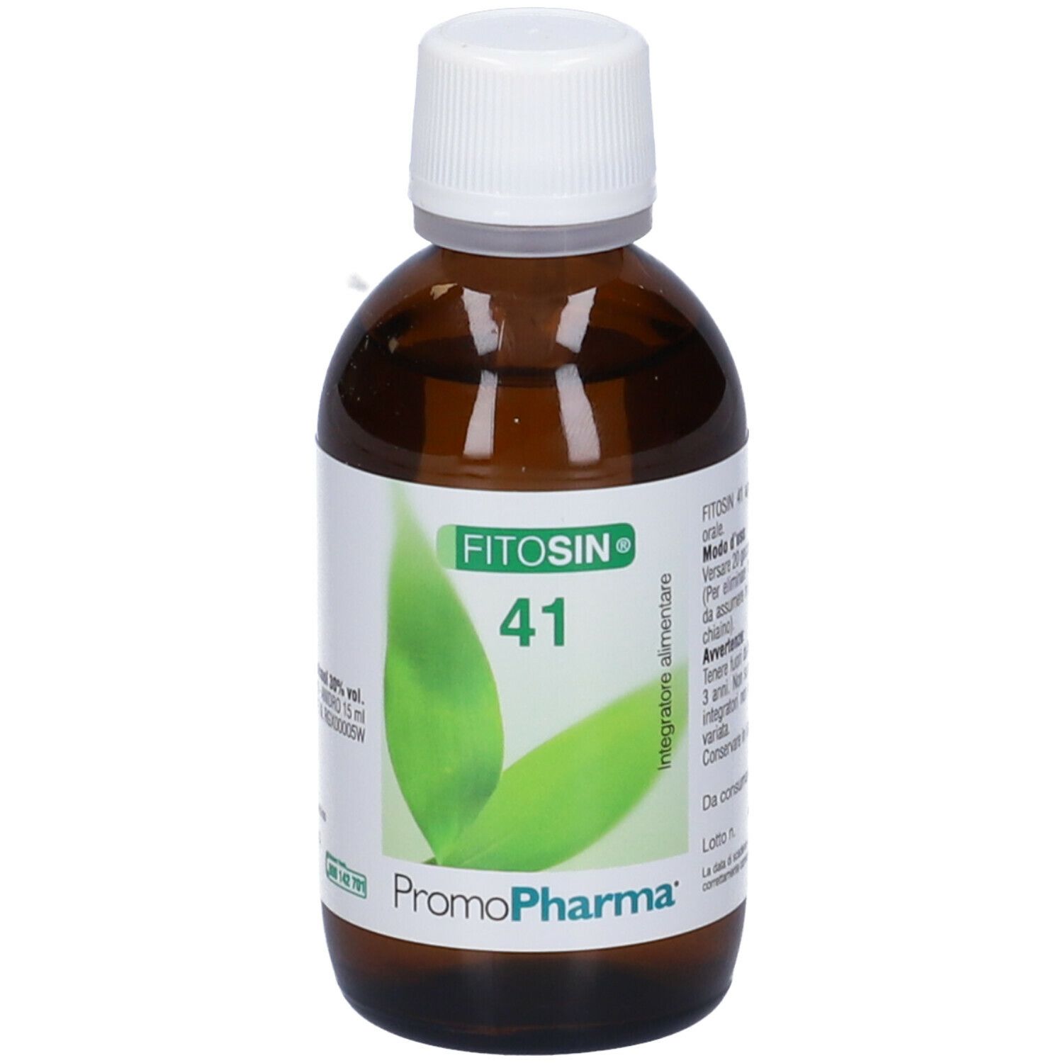 Flacone in vetro marrone con tappo bianco. Scritta: Fitosin 41. Etichetta con motivo a foglia e logo PromoPharma.