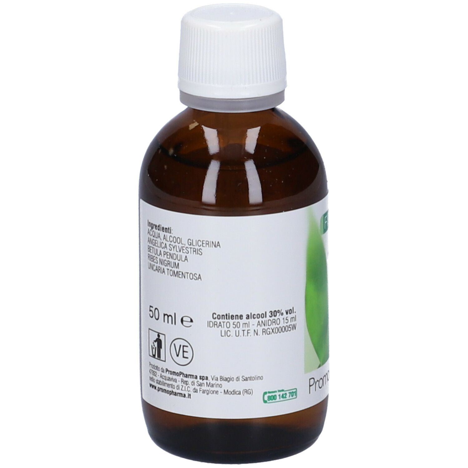Flacone in vetro marrone con tappo bianco. Etichetta con ingredienti e 50 ml. Logo PromoPharma.
