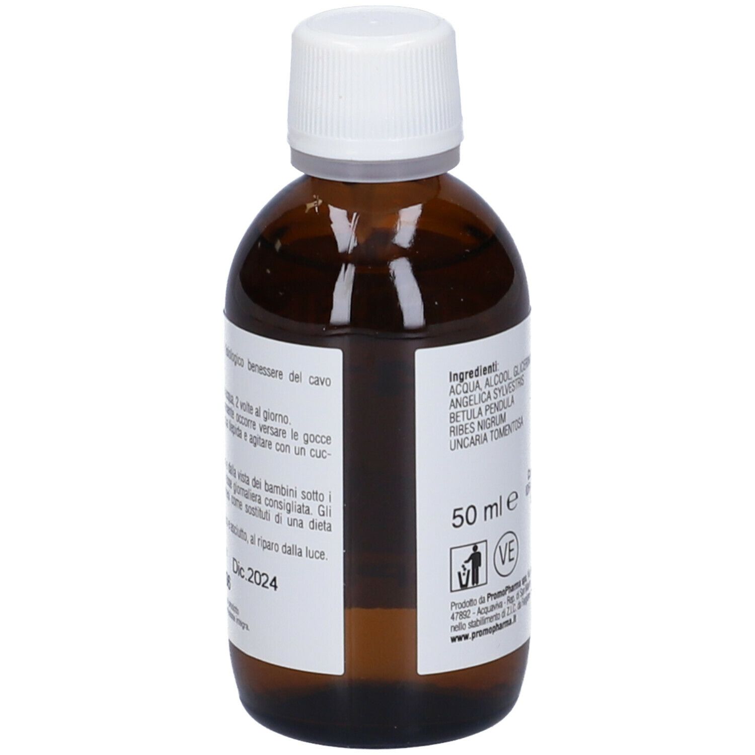 Flacone in vetro marrone con tappo bianco. Etichetta con ingredienti e 50 ml. Logo PromoPharma.