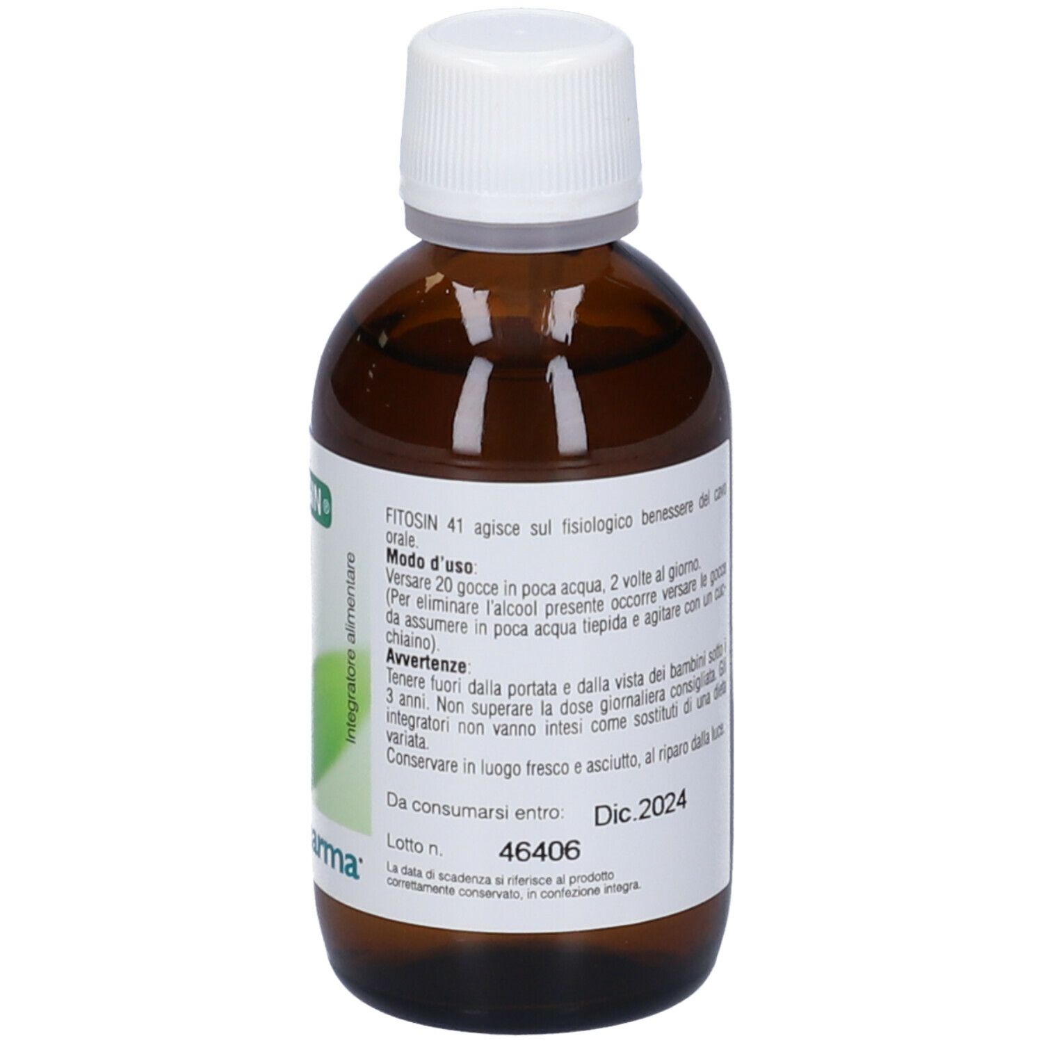 Flacone in vetro marrone con tappo bianco. Etichetta con istruzioni per l'uso e 50 ml. Logo PromoPharma.