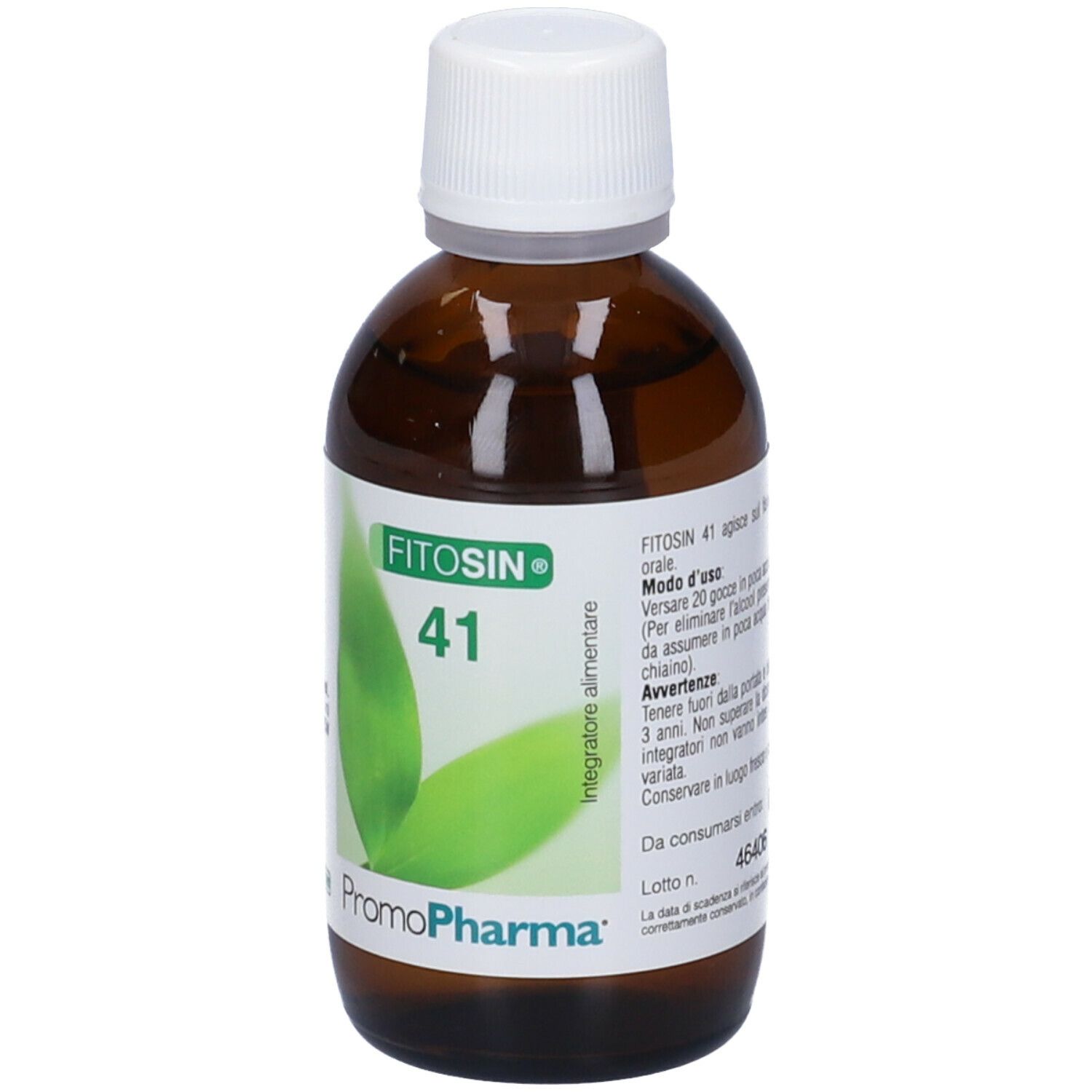 Flacone in vetro marrone con tappo bianco. Scritta: Fitosin 41. Etichetta con motivo a foglia e logo PromoPharma.