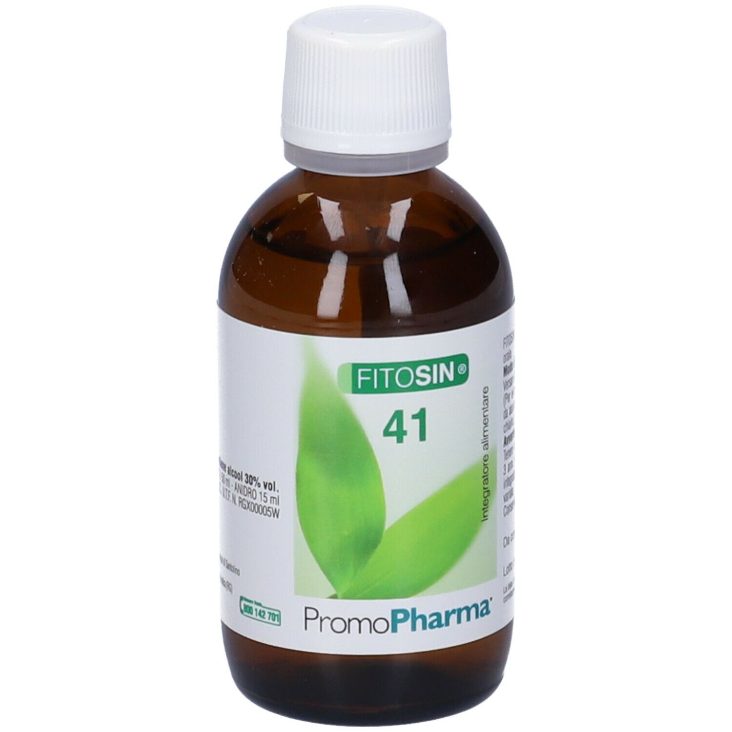 Flacone in vetro marrone con tappo bianco. Scritta: Fitosin 41. Etichetta con motivo a foglia e logo PromoPharma.