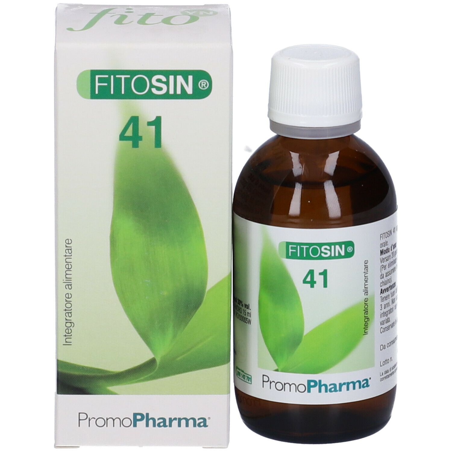 Flacone e confezione Fitosin 41. Flacone marrone, tappo bianco. Confezione verde e bianca.