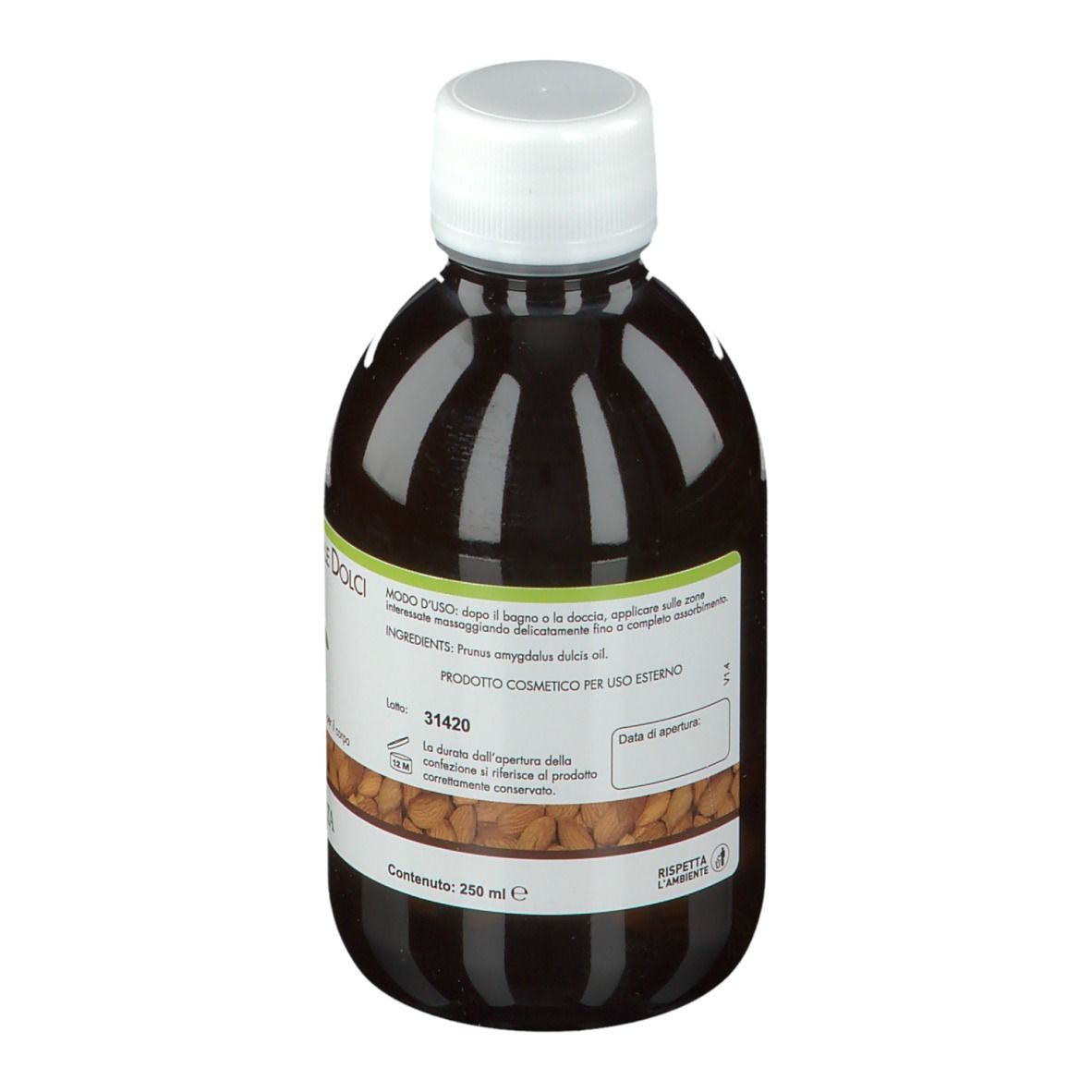 Bottiglia marrone con tappo bianco. Scritta: Olio di Mandorle Dolci Naturale. Marchio: ERBA VITA.