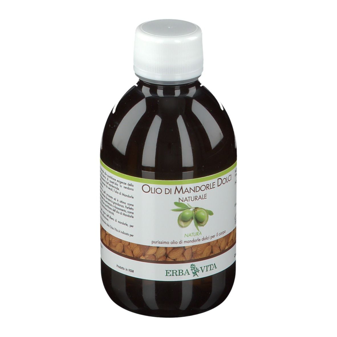 Bottiglia marrone con tappo bianco. Scritta: Olio di Mandorle Dolci Naturale. Marchio: ERBA VITA.
