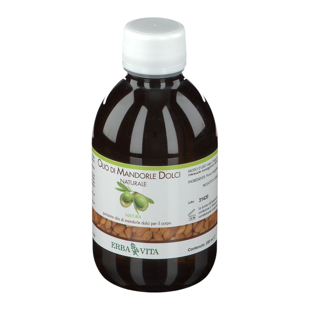 Bottiglia marrone con tappo bianco. Scritta: Olio di Mandorle Dolci Naturale. Marchio: ERBA VITA.