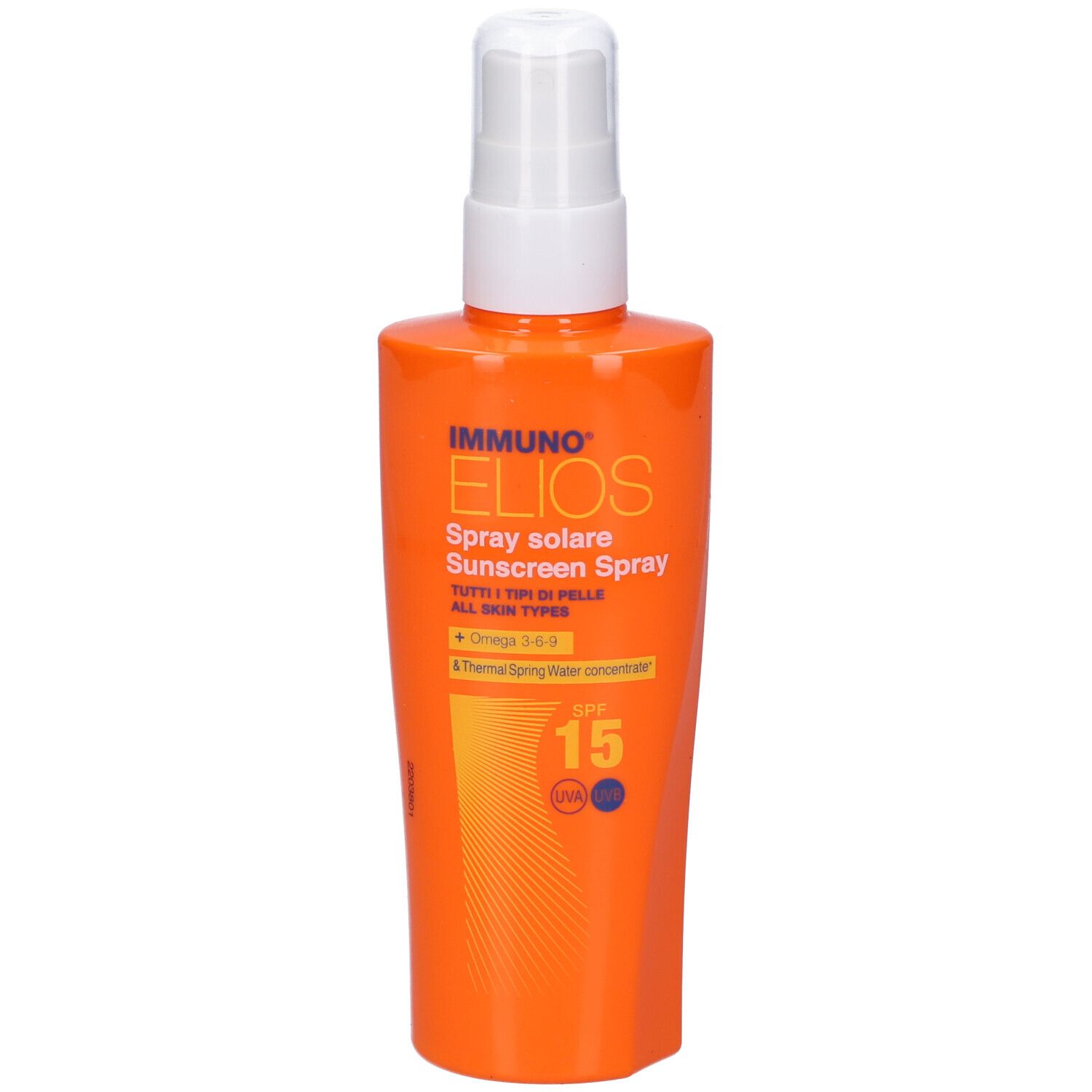 Flacone spray arancione con erogatore bianco. Nome del prodotto e SPF 15 visibili. Contiene Omega 3-6-9.