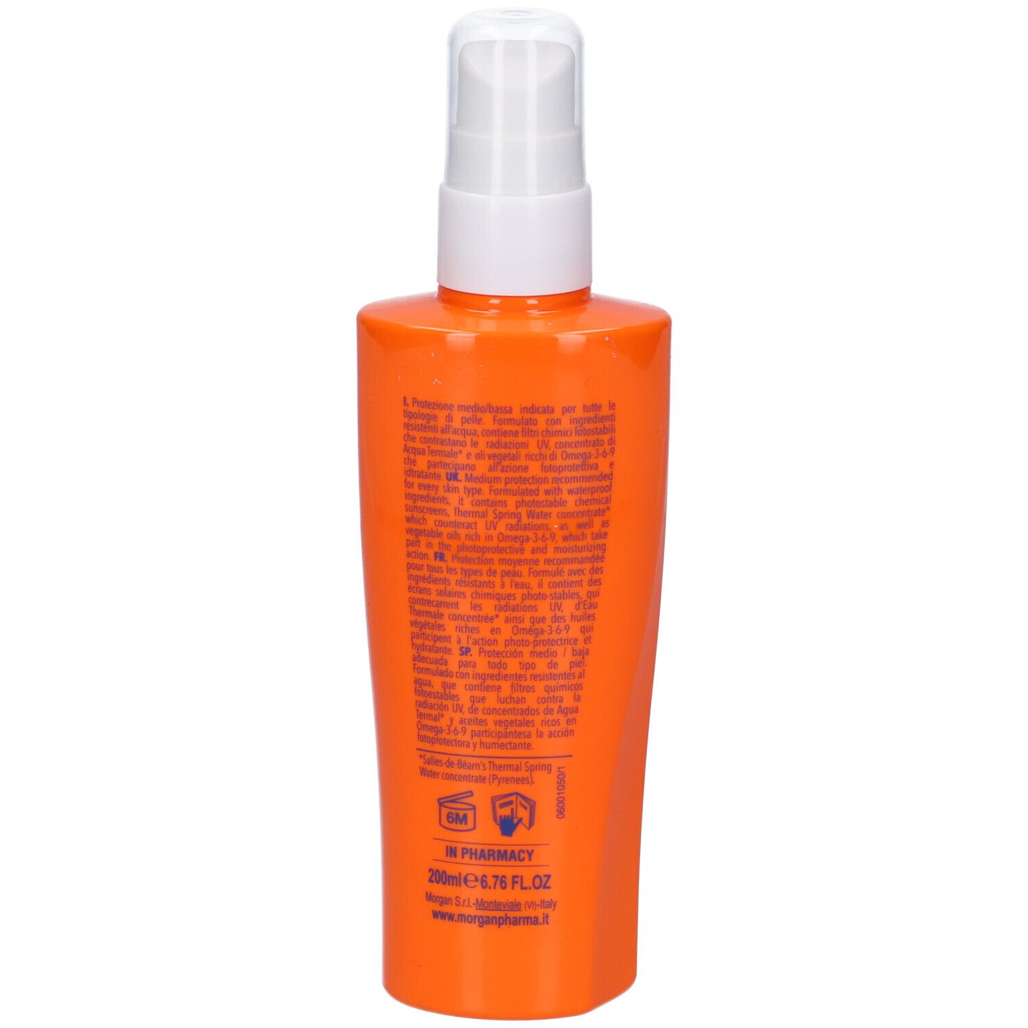 Retro del flacone spray arancione. Testo e informazioni sul prodotto. Contiene 200ml/6.76 FL.OZ.