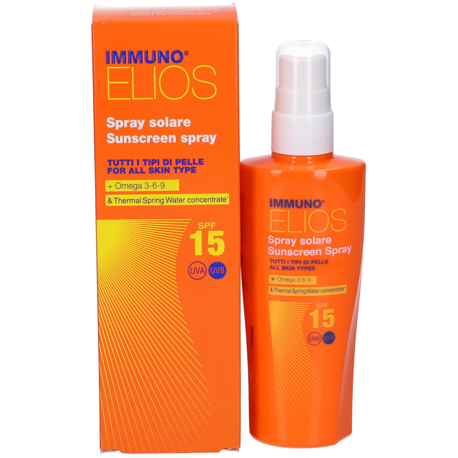 Scatola e flacone spray arancioni. Nome del prodotto e SPF 15 visibili. Contiene Omega 3-6-9 e acqua termale.