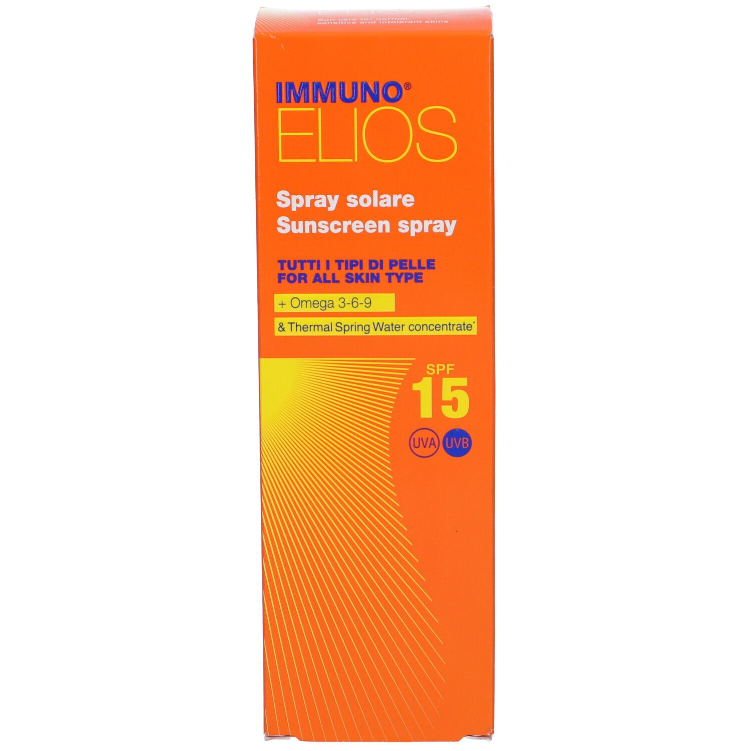 Scatola arancione con nome del prodotto e SPF 15. Contiene Omega 3-6-9 e acqua termale. Protezione UVA/UVB.