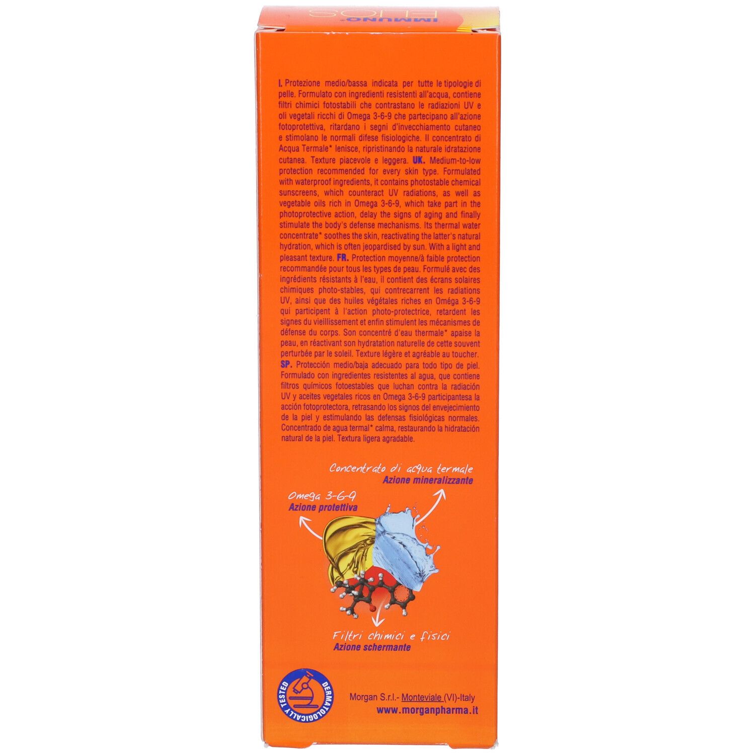 Lato della scatola arancione. Informazioni sull'uso e ingredienti. Contiene Omega 3-6-9.