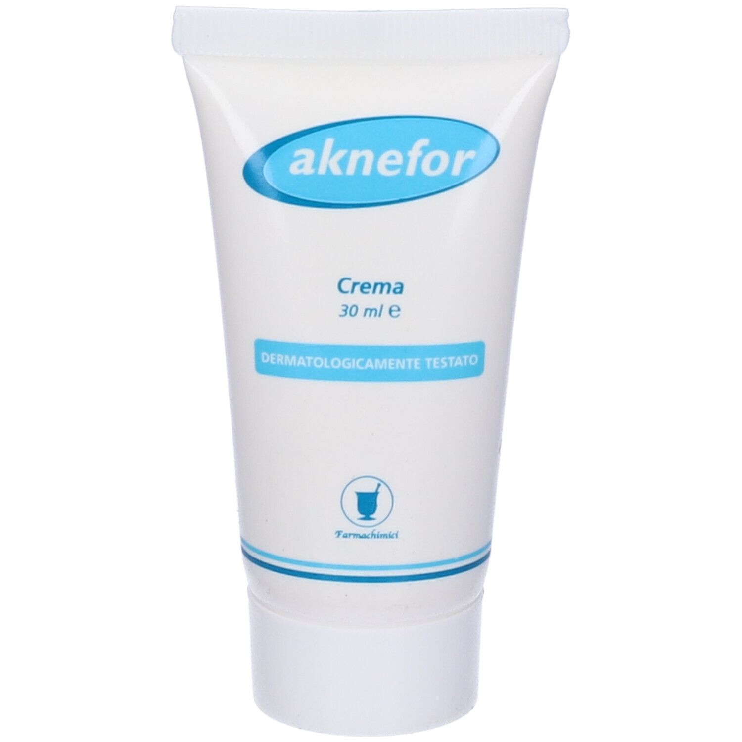 Tubo di crema Aknefor. Bianco con logo e testo blu. Dermatologicamente testato. 30 ml.