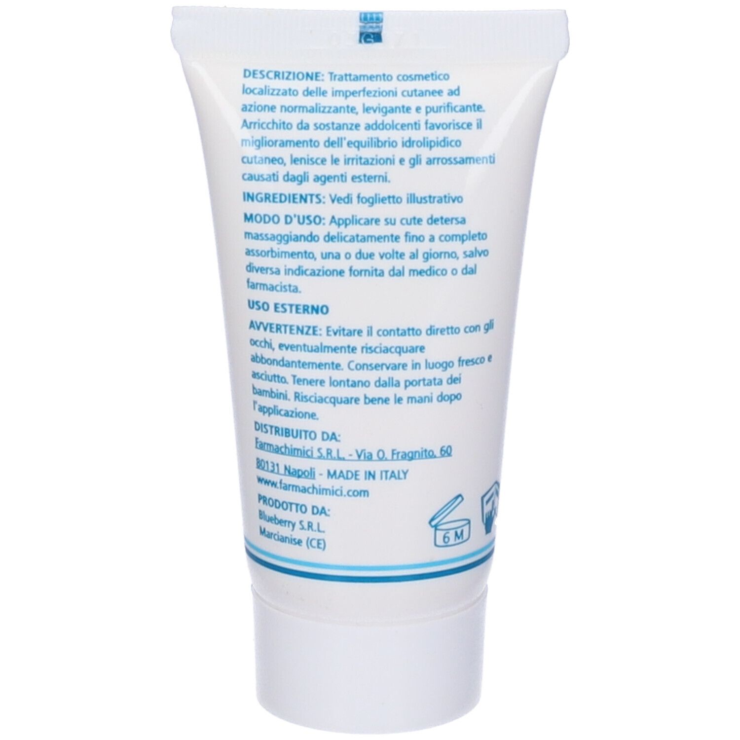 Retro del tubo di crema Aknefor. Testo in italiano. Ingredienti, istruzioni per l'uso.