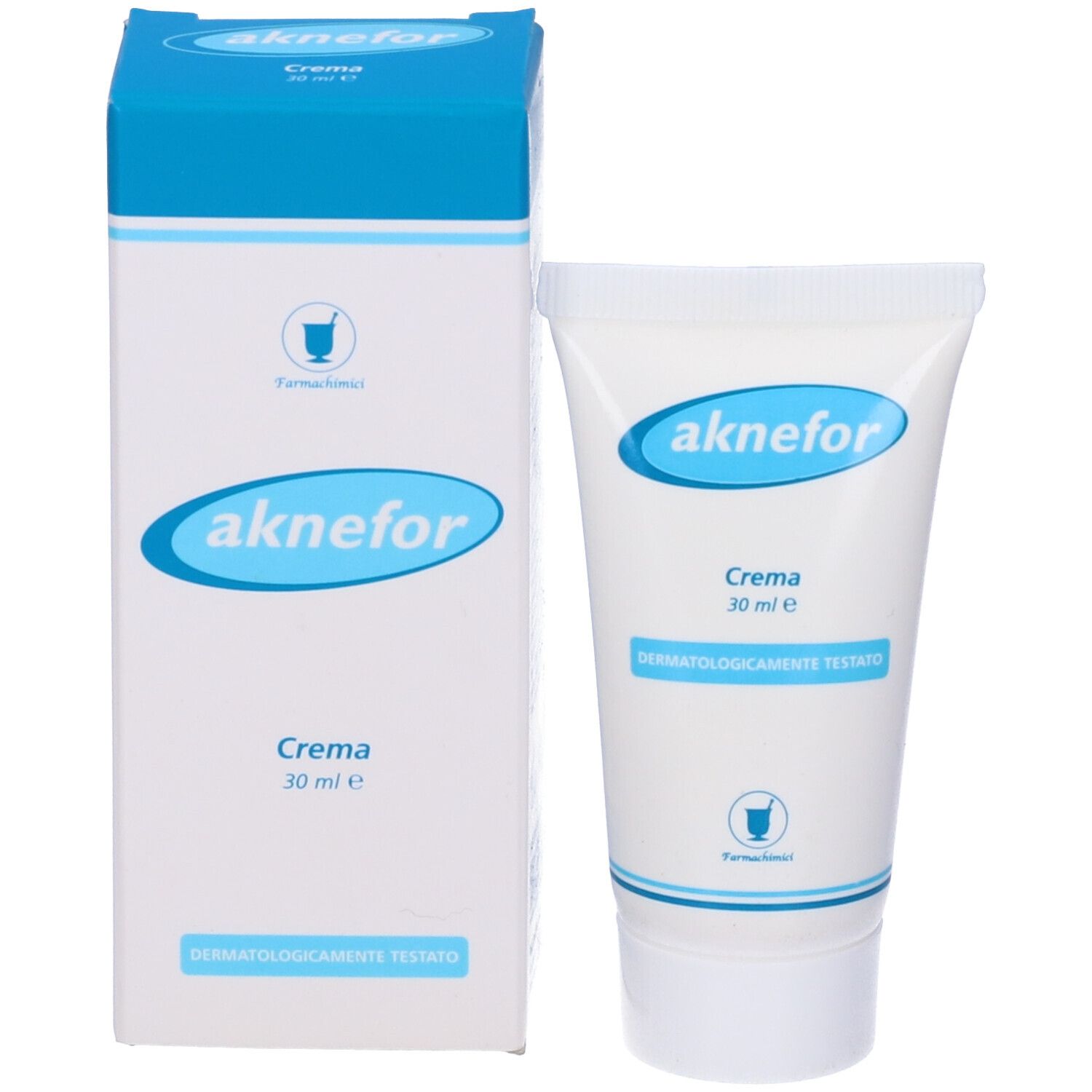 Aknefor Crema e confezione. Tubo e scatola con logo e testo. Dermatologicamente testato.