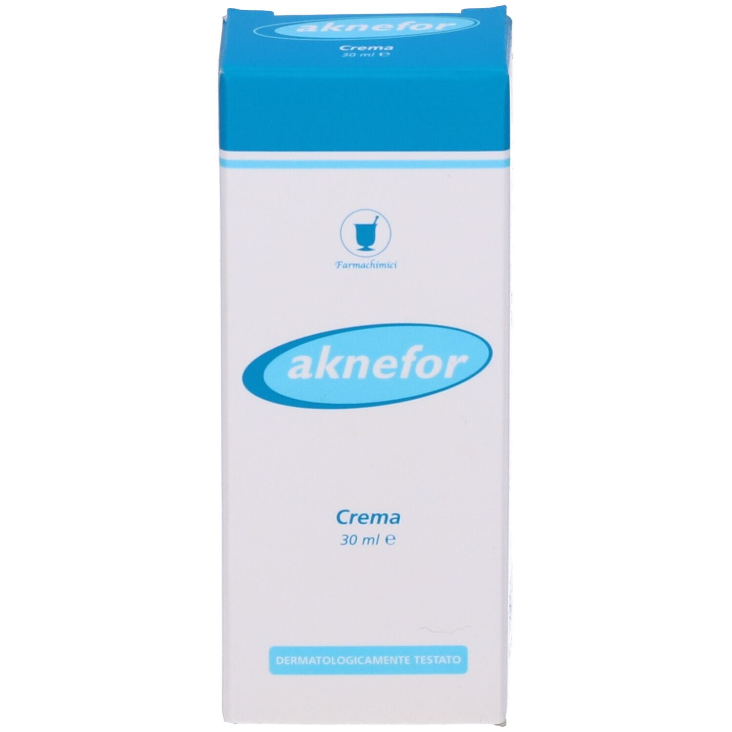 Confezione di crema Aknefor. Scatola bianca con coperchio blu. Logo e testo. 30 ml.