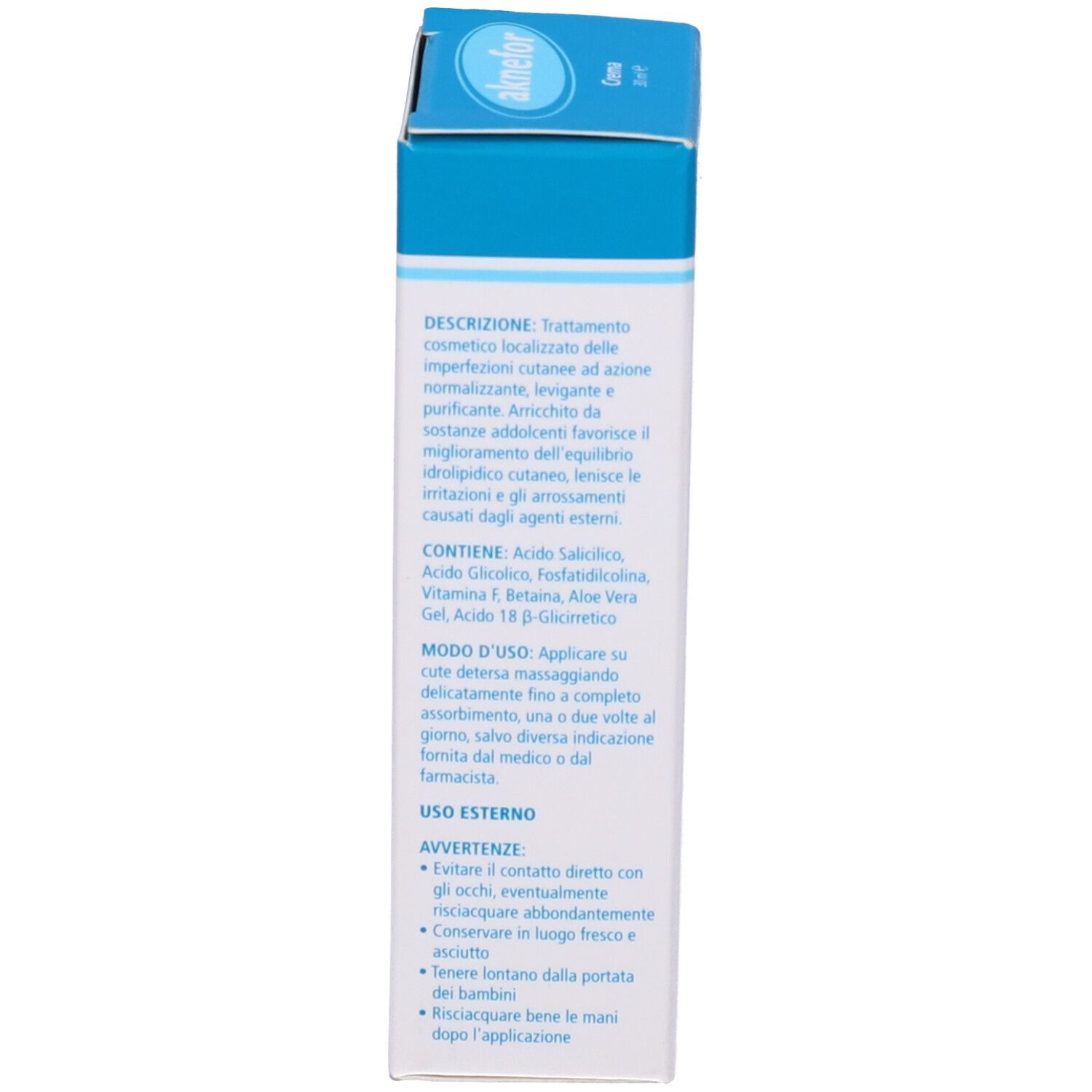 Lato della confezione di crema Aknefor. Testo in italiano. Ingredienti, istruzioni per l'uso.