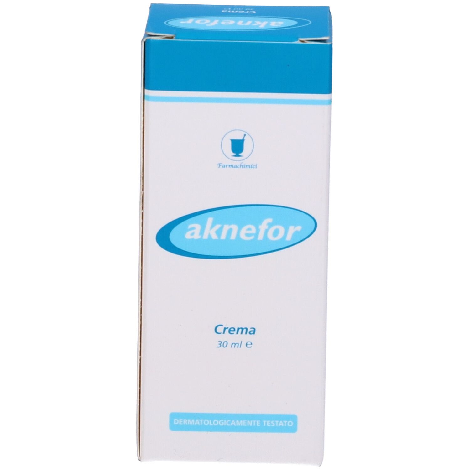 Confezione di crema Aknefor. Scatola bianca con coperchio blu. Logo e testo. 30 ml.