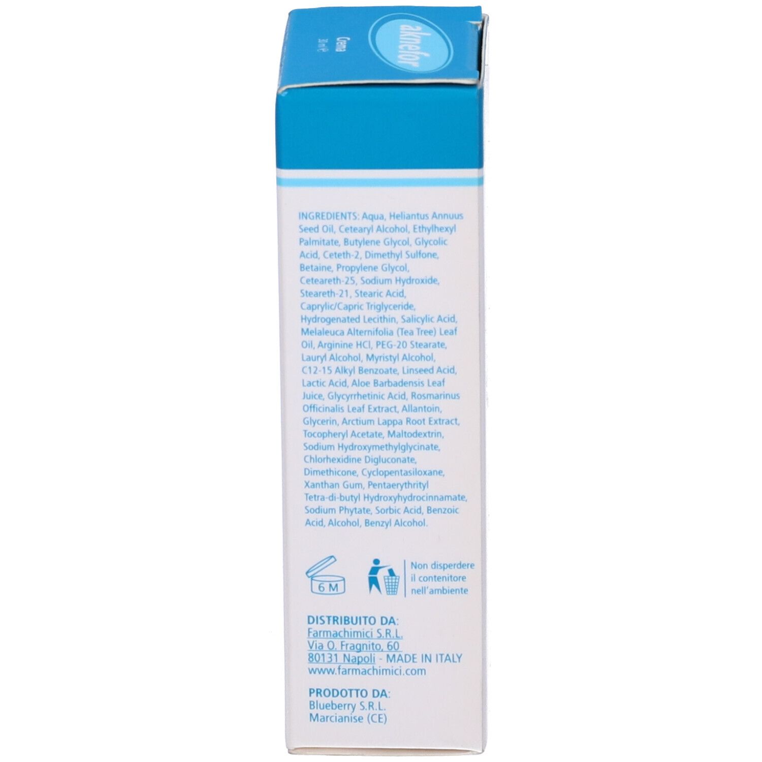 Lato della confezione di crema Aknefor. Testo in italiano. Ingredienti, informazioni sul produttore.