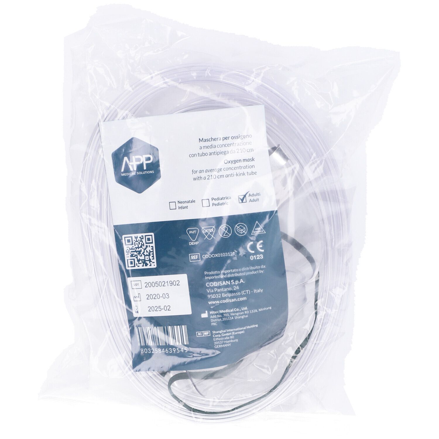 Maschera Per Ossigeno In Pvc Per Adulti Con Tubo Lunghezza 210 Cm Clip Stringinaso Regolabile Fettuccia Elastica