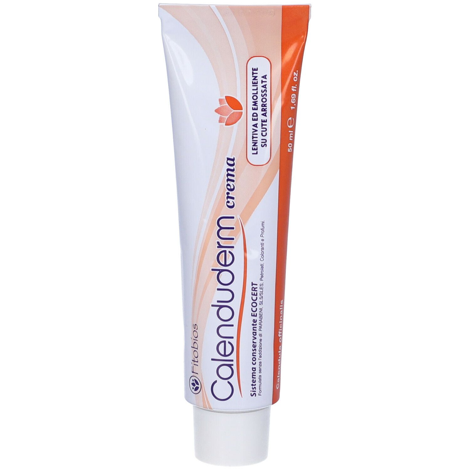 Tubo di crema. Scritta: Calenduderm Crema. Colori: bianco, arancione. Certificazione: ECOCERT. Volume: 50 ml.