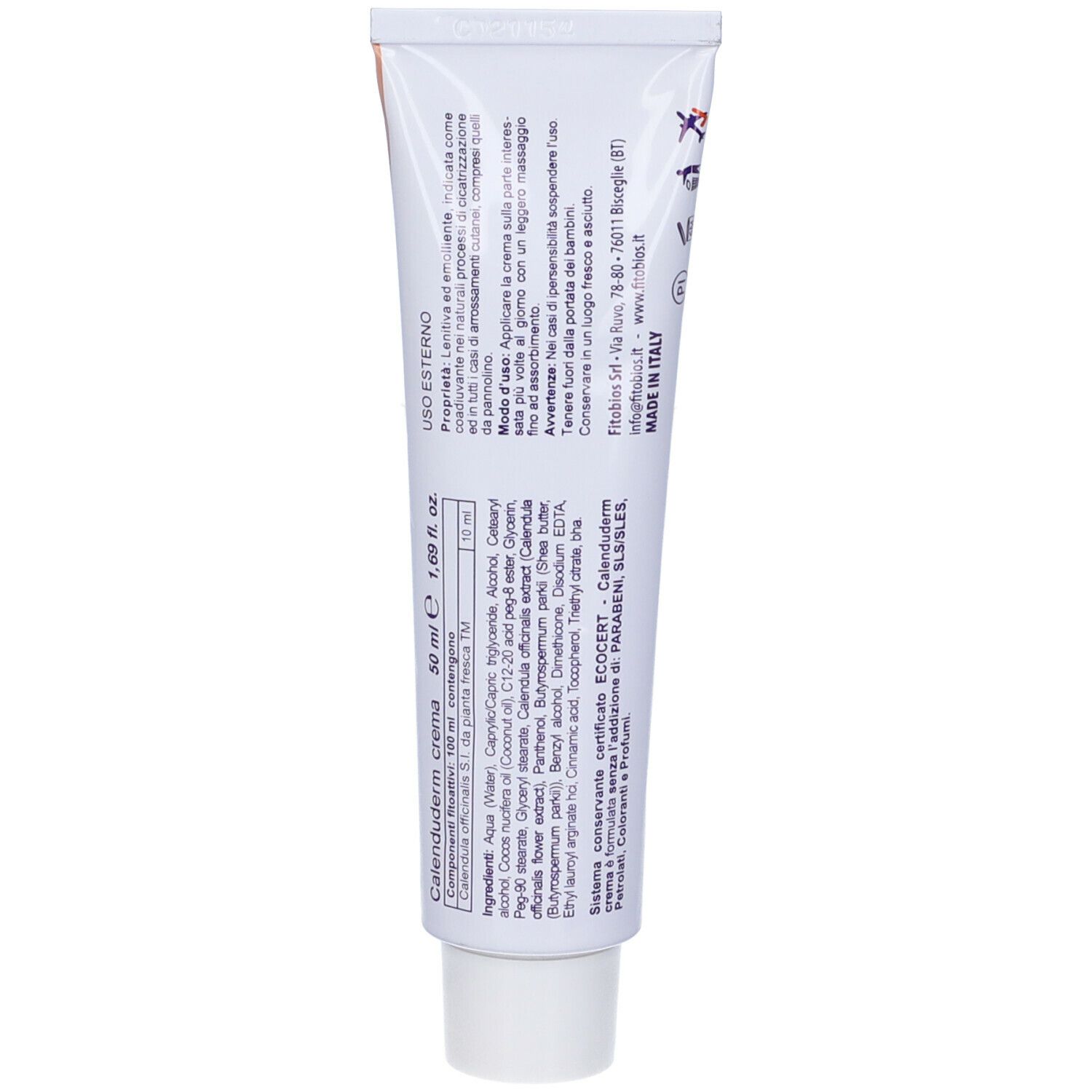 Retro del tubo di crema. Testo: ingredienti, istruzioni per l'uso, avvertenze. Prodotto in Italia. Volume: 50 ml.