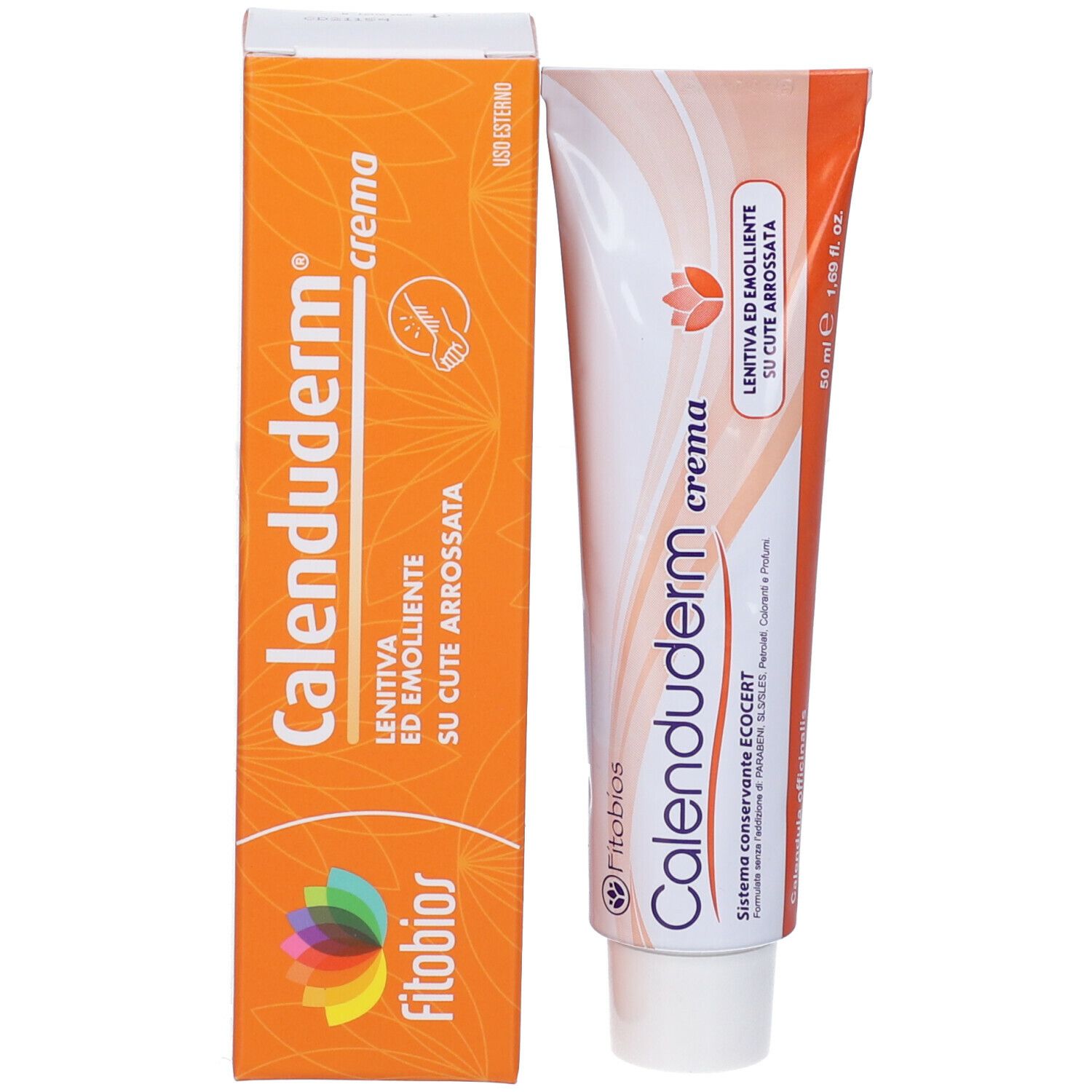 Tubo e confezione di crema. Scritta: Calenduderm Crema. Confezione: arancione, bianca. Tubo: bianco. Certificazione: ECOCERT.
